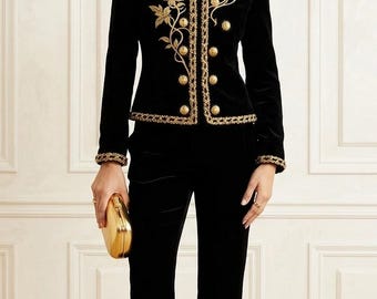 Black Velvet Embroidered Jacket and Pants Set for Women — Gold Floral Military Suit, Elegant Evening Two Piece Outfit