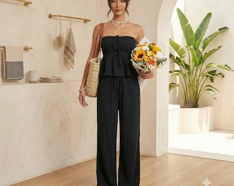 Conjunto de dos piezas texturizado para mujer: top palabra de honor y pantalón de pierna ancha, atuendo casual de verano para la playa, vacaciones 2026.