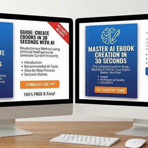 Peut inclure: Deux écrans d'ordinateur affichent des guides sur la création d'ebooks. L'écran de gauche montre "Guide: Create Ebooks in 30 Seconds with AI". L'écran de droite affiche "Master AI Ebook Creation in 30 Seconds". Un clavier et une souris sont devant.