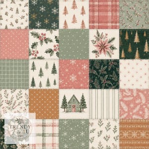 Puede incluir: Un diseño de tela de patchwork con una cuadrícula de veinticinco cuadrados con motivos navideños que incluyen copos de nieve, pinos, acebo, cuadros, rayas y una pequeña casa, con el texto TRENDY FITS 4U en un logotipo circular.