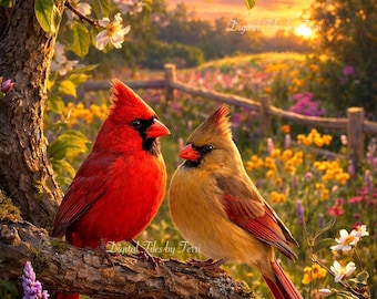 Lámina con diseño de cardenal macho y hembra: Escena de pradera primaveral (Descarga digital)