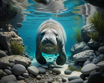 Manatee Portrait Print, Underwater Sea Life (Digital Download)