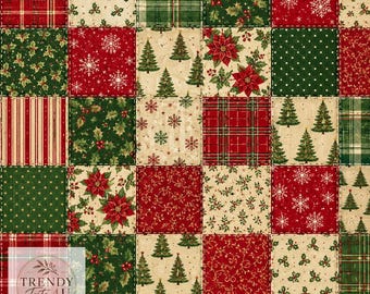 Puede incluir: Un diseño de tela de patchwork con una cuadrícula de cuadrados con varios patrones navideños, incluyendo cuadros rojos y verdes, copos de nieve blancos sobre rojo, hojas de acebo verdes, flores de pascua y pinos sobre fondo crema.