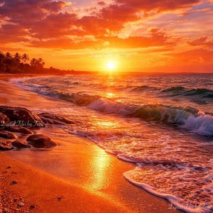 Può includere: Un tramonto vibrante su una spiaggia con sabbia dorata e dolci onde. Il cielo è pieno di nuvole arancioni e rosse infuocate, e il sole tramonta sull'oceano. Le palme sono silhouette all'orizzonte. L'immagine è etichettata "Digital Files by Terri".