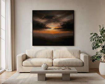 Moody Abstract Seascape Fine Art Poster | Dramatic Sunset Horizon, Amber & Blue