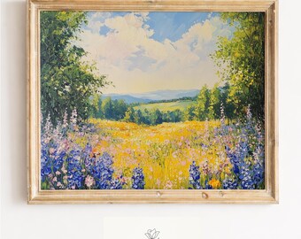 オリジナルアクリル画 風景画 チューリップ畑 12インチ×12インチ 額装