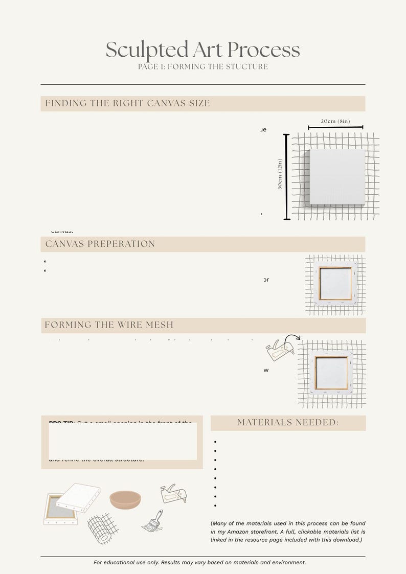 Op de afbeelding: Een pagina uit een gids getiteld "Sculpted Art Process" met de stappen voor het maken van kunst. De gids bevat diagrammen van een canvas, met afmetingen van 20 cm bij 30 cm, en andere kunstbenodigdheden.