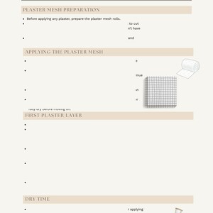 Op de afbeelding: Een beige pagina uit een gids getiteld "Sculpted Art Process" met details over pleistertechnieken. Het bevat secties over gaasvoorbereiding, applicatie en drogen, met illustraties van gaasrollen en een zandloper.