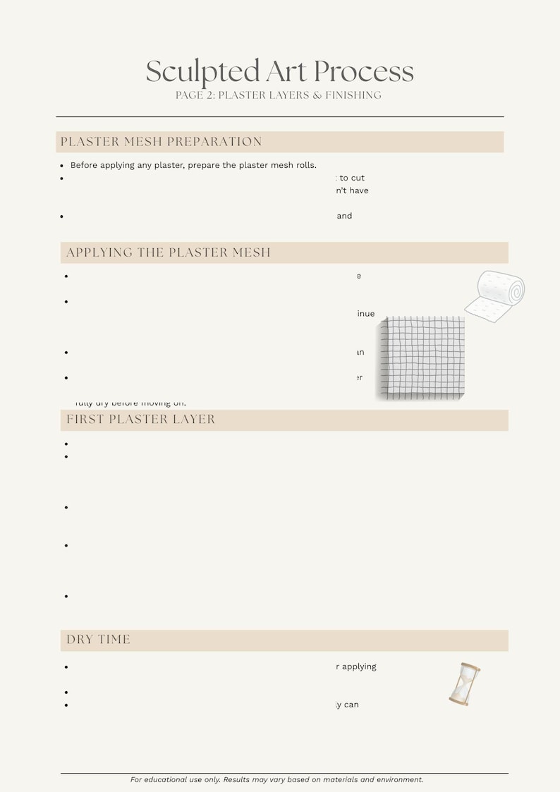 Op de afbeelding: Een beige pagina uit een gids getiteld "Sculpted Art Process" met details over pleistertechnieken. Het bevat secties over gaasvoorbereiding, applicatie en drogen, met illustraties van gaasrollen en een zandloper.