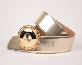 80s gold leather belt // Milor // medallion buckle