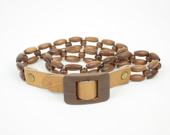 Ceinture de perles de bois des années 70 80 // bracelet en cuir