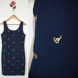 80s 90s Body English sheath dress // gold embroidered sail boats