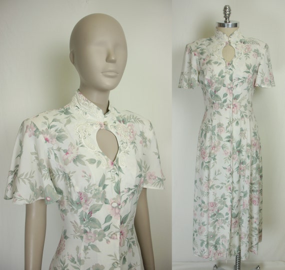 80s 90s floral print dress // crochet keyhole // s