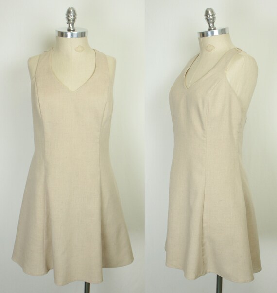 90s Y2K embroidered back dress // khaki linen - image 3