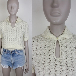 vintage R & K Originals pointelle sweater // open knit // button collar