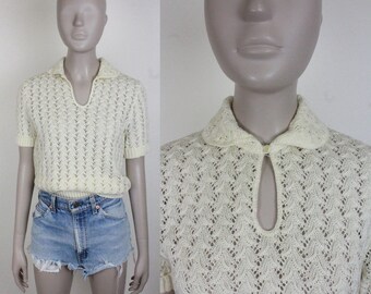 vintage R & K Originals pointelle sweater // open knit // button collar