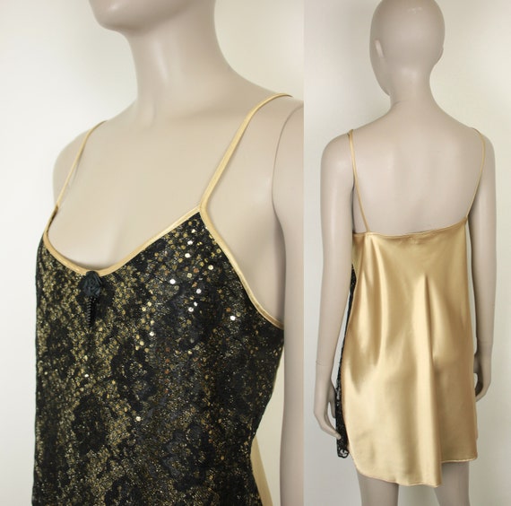 vtg disco nightie // gold sequins // black lace - image 1