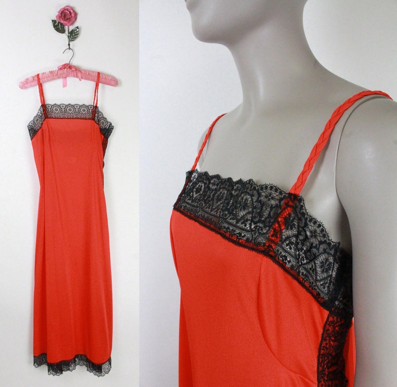 70s Gossard Artemis nightgown // side slit // black lace trim image 1