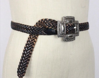 Vintage Western Dark Brown Braided Belt With Silver Tooled  display picture 3