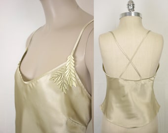 vtg Lise Charmel satin camisole // leaf appliques // criss cross straps