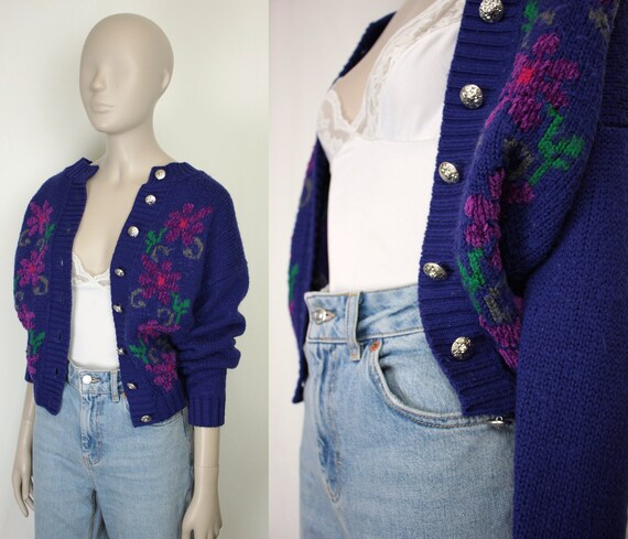 80s 90s granny cardigan // floral design // wool … - image 4