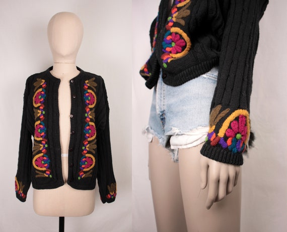 80s cable knit cardigan // embroidered flowers
