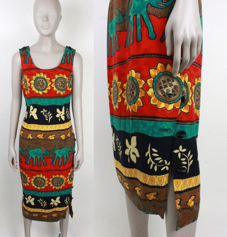 80s 90s sheath dress // elephants and flowers // side buttons image 1