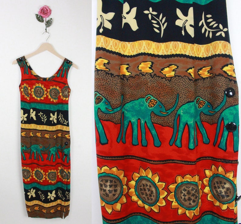 80s 90s sheath dress // elephants and flowers // side buttons image 7