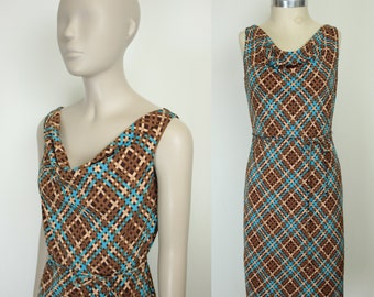 90s Y2K geo print dress // drape neck // tie waist