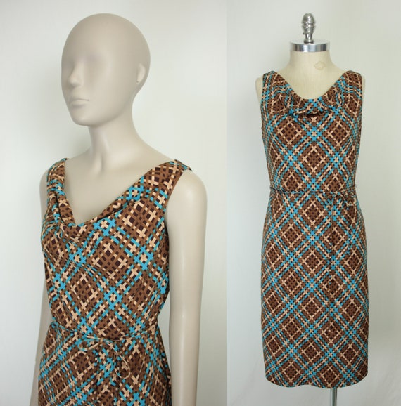 90s Y2K geo print dress // drape neck // tie waist