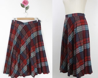 80s plaid pleated skirt // red blue grey