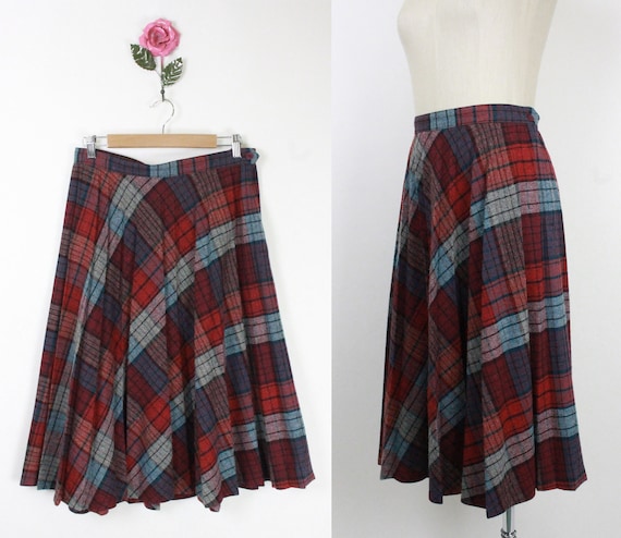 80s plaid pleated skirt // red blue grey - image 1