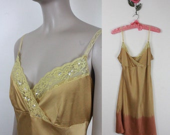 Y2K gold silk Chemise // lace trim and sequins