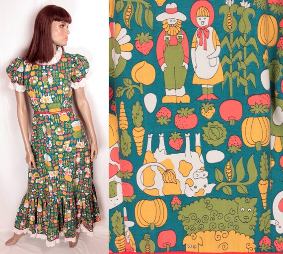 1970s novelty print maxi // eyelet trim // ruffle