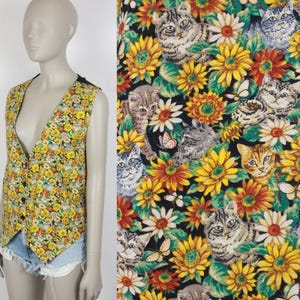 90er Jahre Katzen und Sonnenblumen Print-Weste // 111 Main // Bindeband