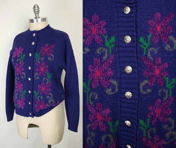 80s 90s granny cardigan // floral design // wool … - image 1