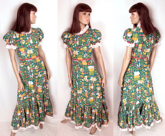 1970s novelty print maxi // eyelet trim // ruffle… - image 2