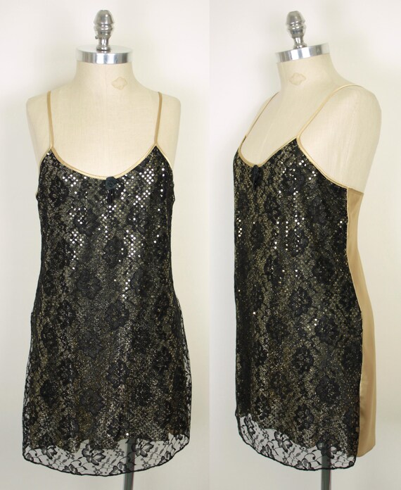 vtg disco nightie // gold sequins // black lace - image 5