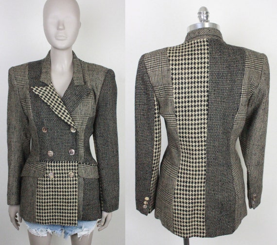 90s Y2K tweed jacket // patchwork houndstooth // … - image 1