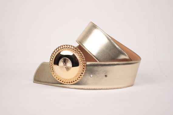 80s gold leather belt // Milor // medallion buckle - image 1