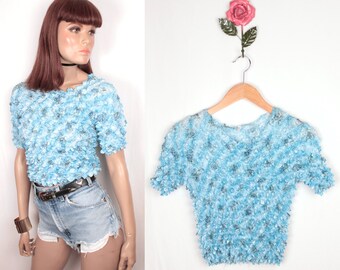 90s popcorn top // blue floral