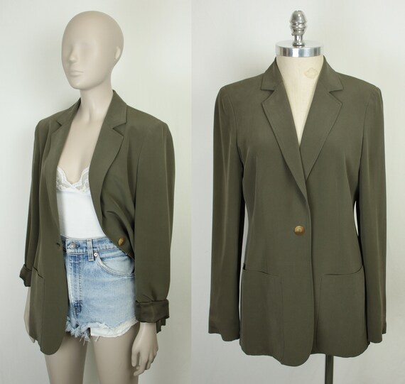 Jones New York silk blazer // olive green // size