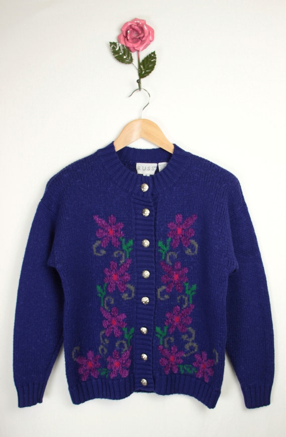 80s 90s granny cardigan // floral design // wool … - image 5