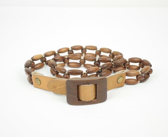 70s 80s wood bead belt // leather strap - image 1