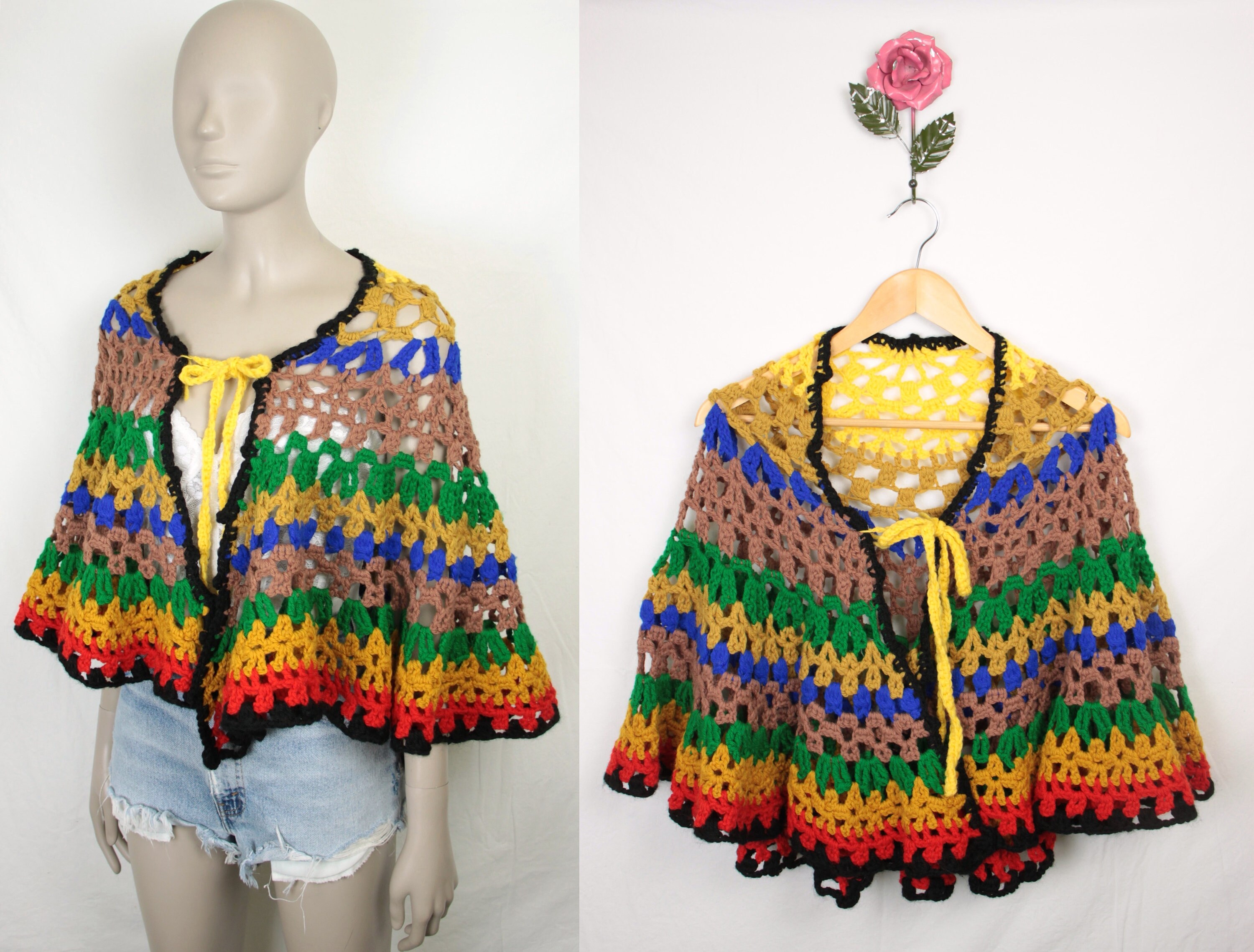 vtg rainbow stripe cape shawl // circle hem