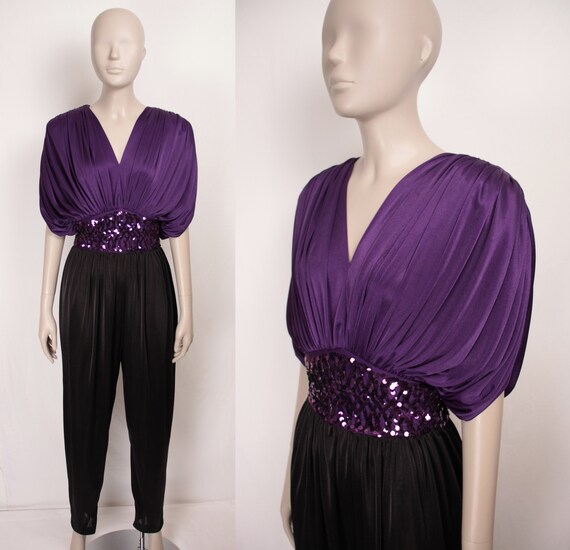 80s disco jumpsuit // draped shoulders // pockets