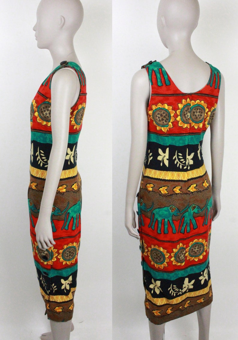 80s 90s sheath dress // elephants and flowers // side buttons image 4