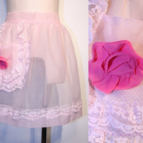 Vintage HOSTESS Apron // Sheer Pink SWISS DOT // Lace Trim