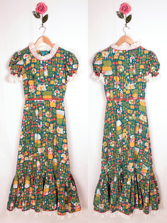 1970s novelty print maxi // eyelet trim // ruffle… - image 5