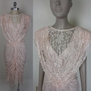 80s A La Carte lace dress // peachy pink // ruched front // hankie hem